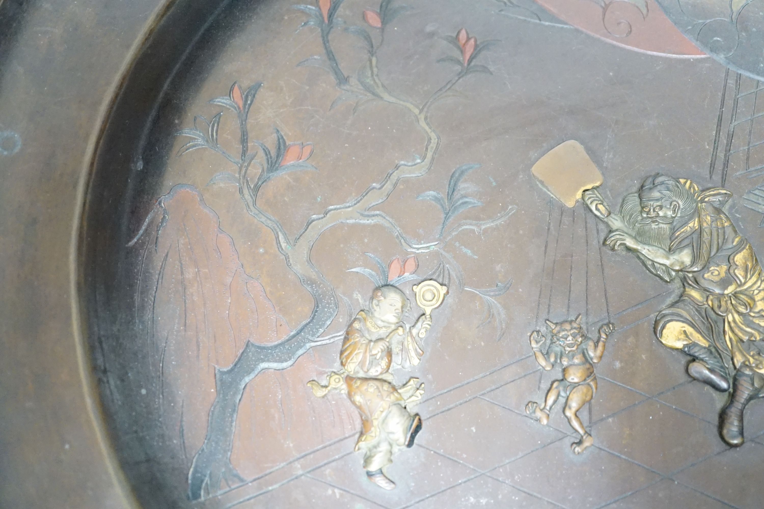 A Japanese inlaid bronze dish - 30cm diameter